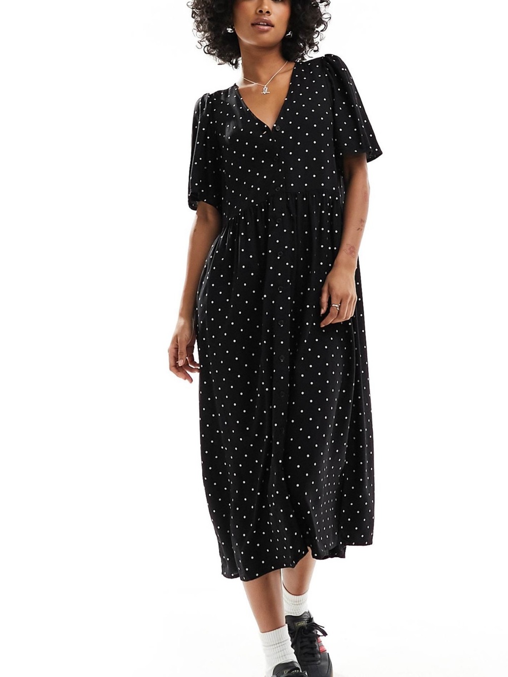 Monki Black Midi Dress with White Polka Dots